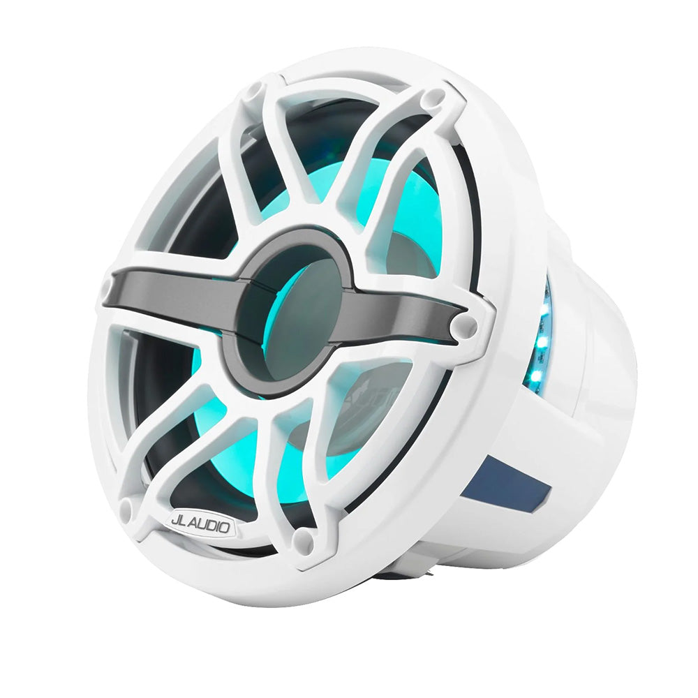 JL Audio M6 10-inch marine subwoofer with gloss white sport grille and transflective LED lighting, designed for boat audio systems.