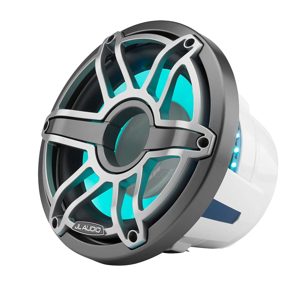 JL Audio M6 10-inch marine subwoofer with titanium sport grille and transflective LED lighting, designed for boat audio systems.