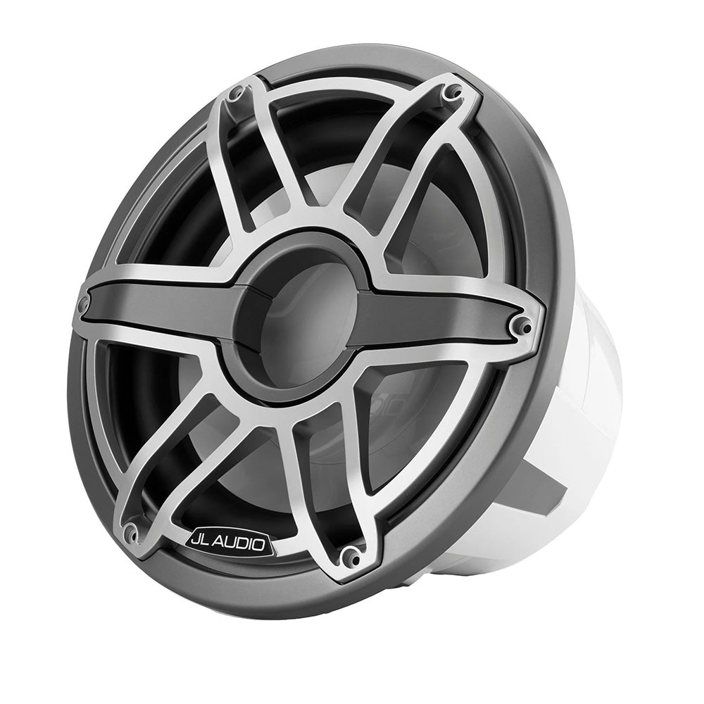 JL Audio M7 12-inch marine subwoofer with titanium sport grille, high-performance car audio speaker for marine or automotive use