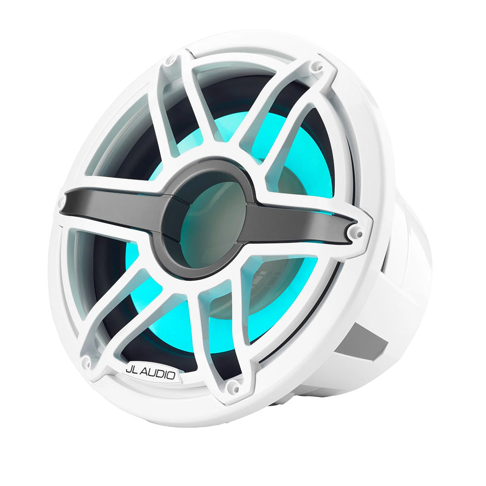 JL Audio M7 12-inch marine subwoofer with gloss white sport grille and transflective LED lighting, designed for marine audio systems.