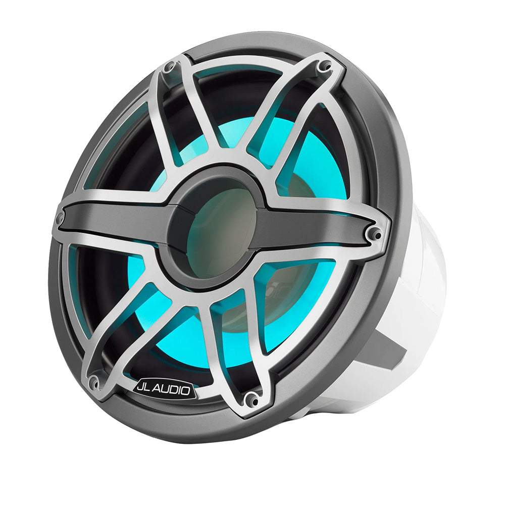 JL Audio M7 12-inch marine subwoofer with titanium grille and transflective LED lighting, designed for boat audio systems