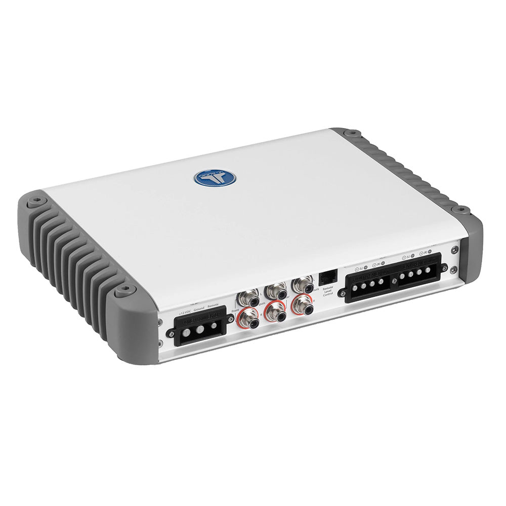 JL Audio MHD Series 600W 4-channel full-range amplifier showing sleek black design and input/output connections.