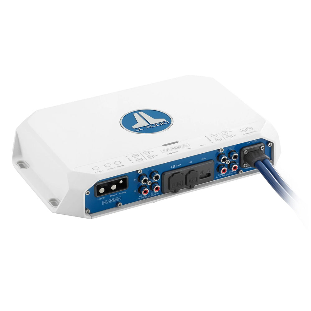 JL Audio MVI Series 400W 4-channel full-range amplifier with integrated DSP, shown with electronic controls and connections.