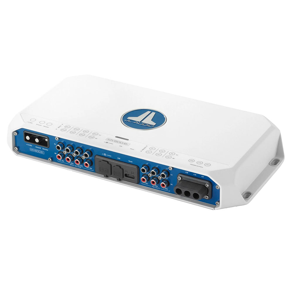 JL Audio MVI Series 600W 6-channel amplifier with integrated DSP, shown in a sleek black design with control knobs and input connections.