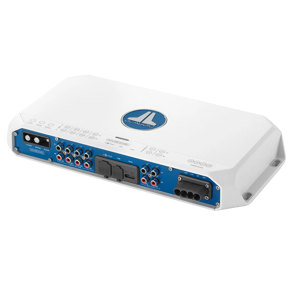 JL Audio MVI Series 800W 8-channel amplifier with integrated DSP, shown in a sleek black design with connection ports visible.