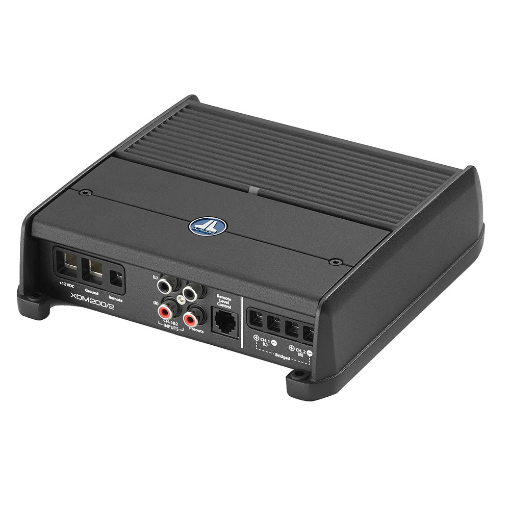 JL Audio XDM Series 200W 2-channel amplifier, compact car audio amplifier with sleek design and electronic controls.