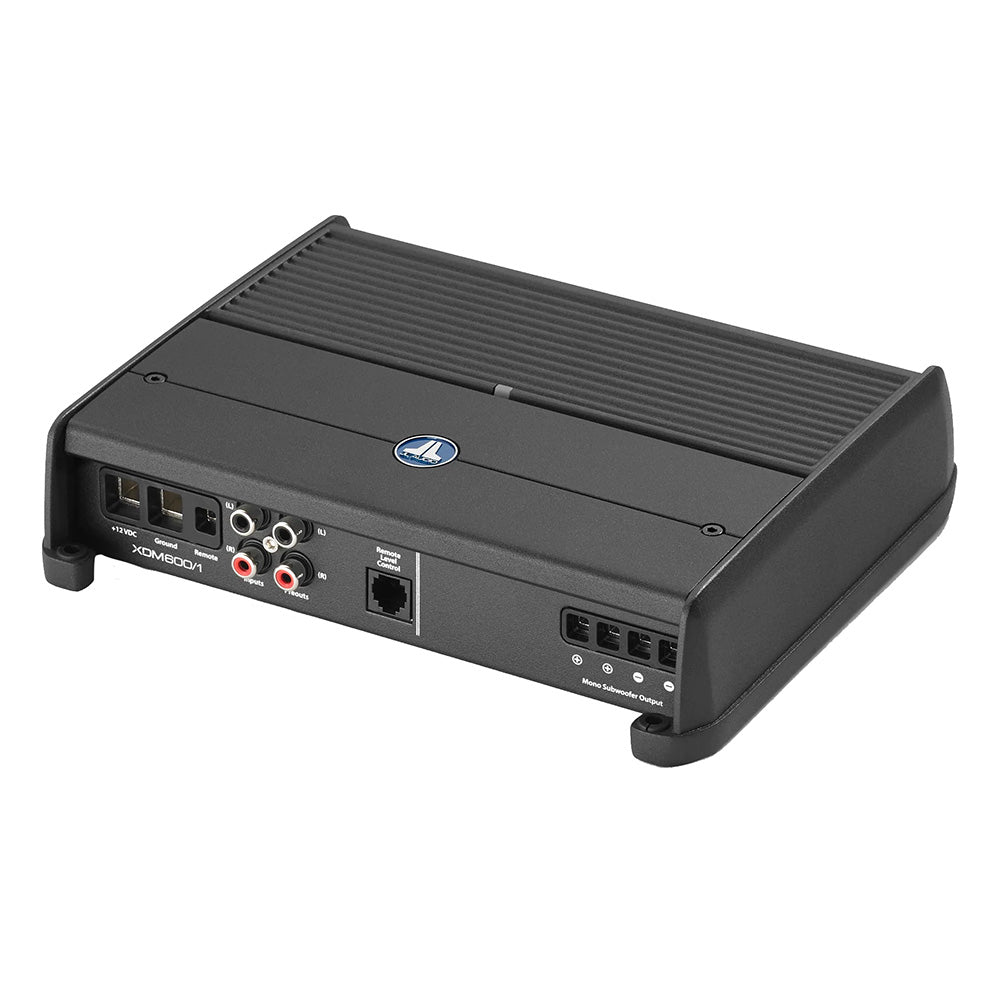 JL Audio XDM 600W monoblock amplifier showing sleek black design and control knobs for car audio enhancement.