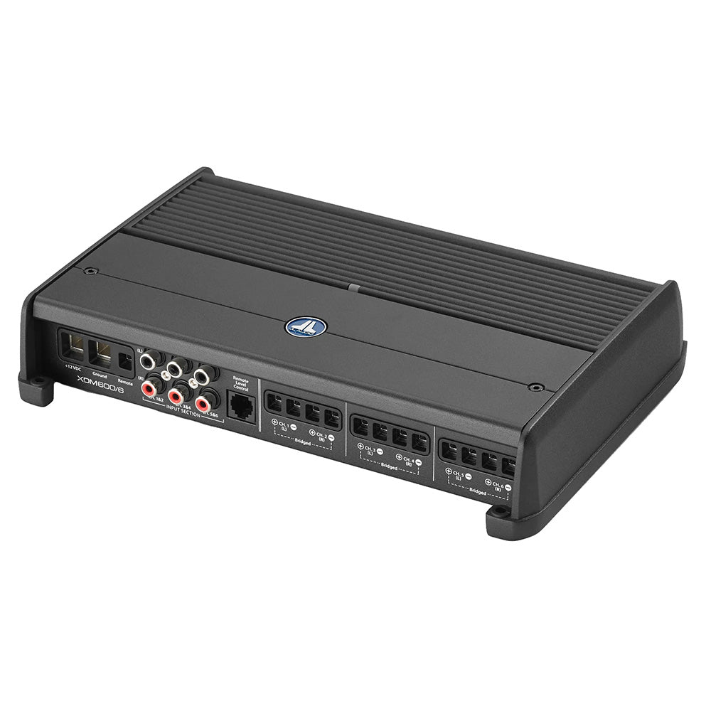 JL Audio XDM Series 600W 6-channel amplifier showcasing sleek design and control knobs for car audio systems.