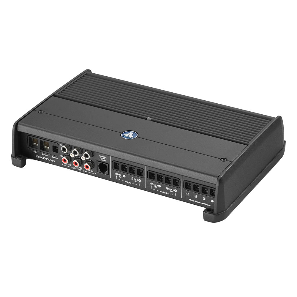 JL Audio XDM Series 700W 5-channel amplifier showing sleek black design with input and control knobs on the front panel.