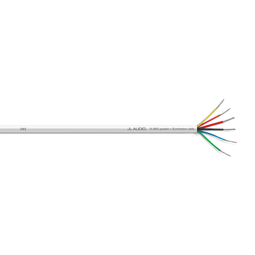 JL Audio 250-foot 6-conductor multifunction wire, white cable showing connectors and cable length for audio installation.