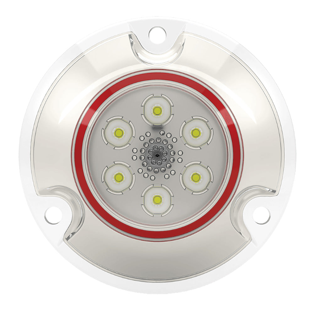 Lumishore ORA SMX11 white underwater surface mount light installed on a boat for underwater illumination.