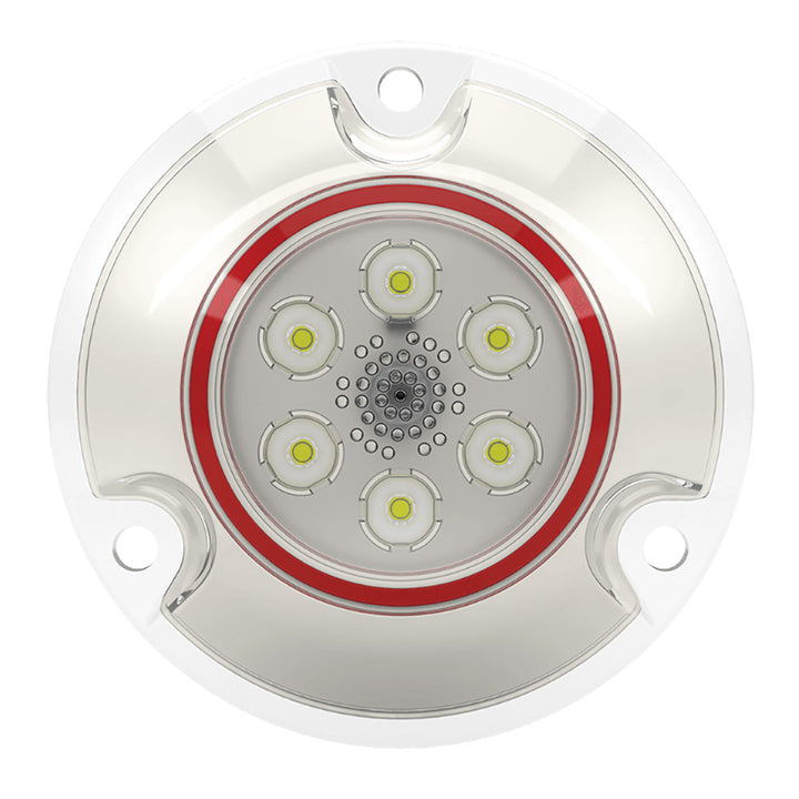 Lumishore ORA SMX11 white underwater surface mount light installed on a boat for underwater illumination.