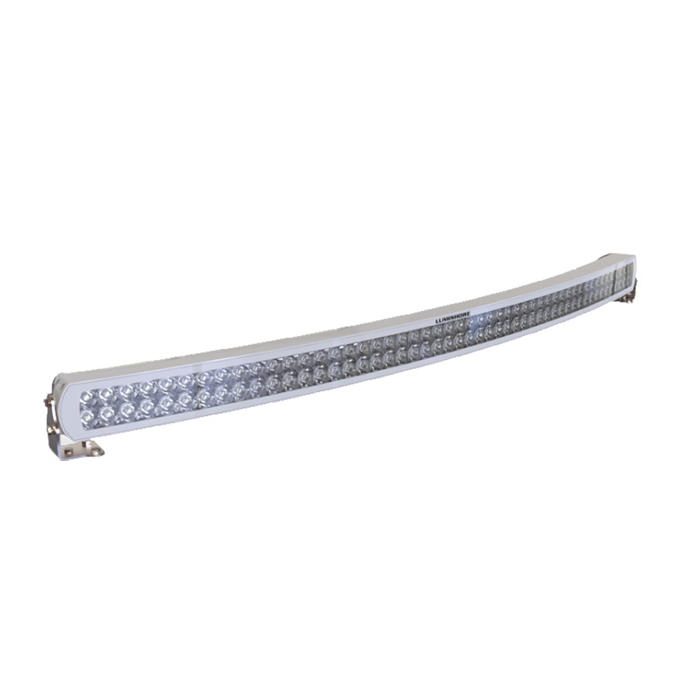 Lumishore 50-inch curved white LED light bar mounted on vehicle, showcasing bright, durable automotive lighting.