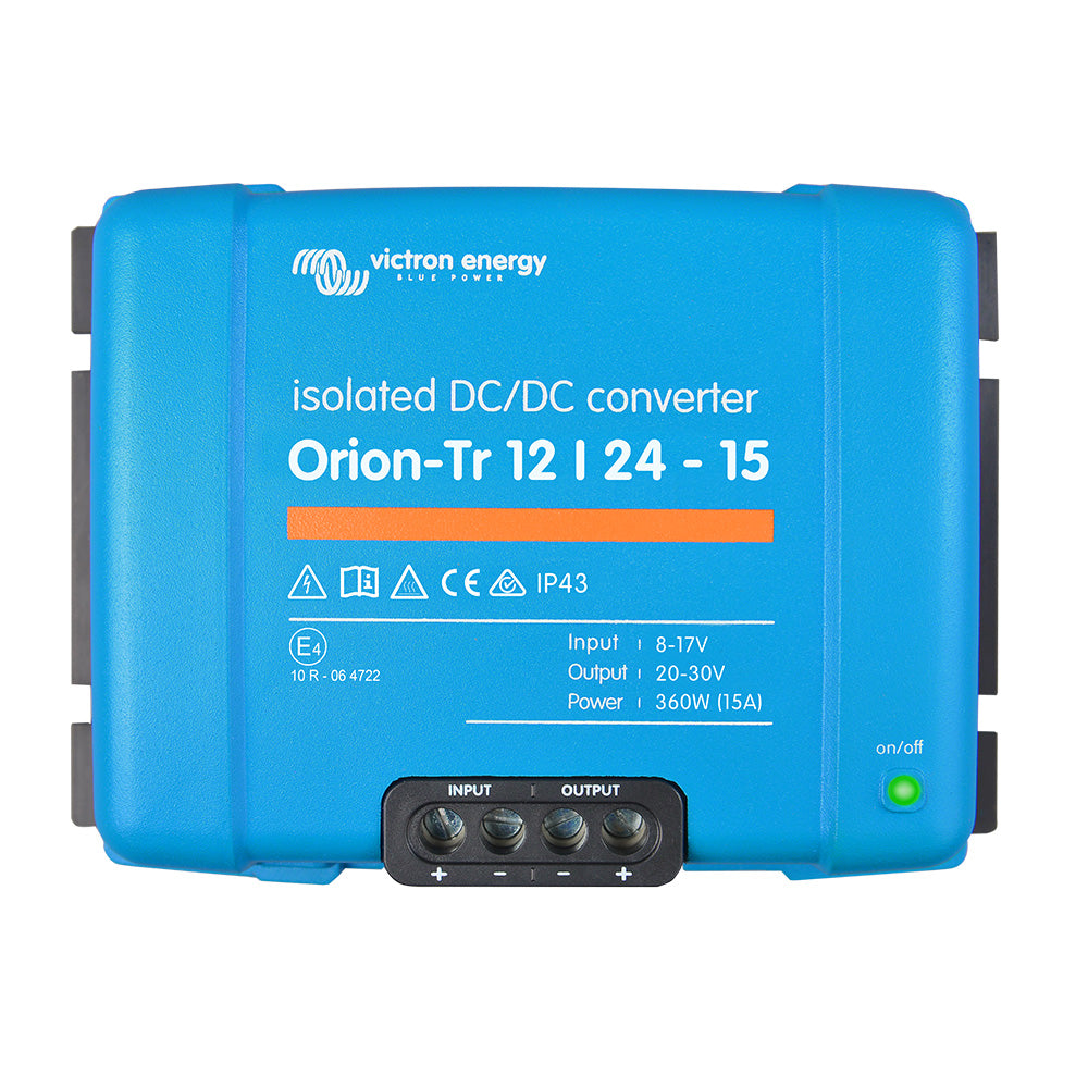 Victron Energy Orion-Tr 12/24-15A isolated DC-DC converter with digital display and compact design for efficient power conversion.