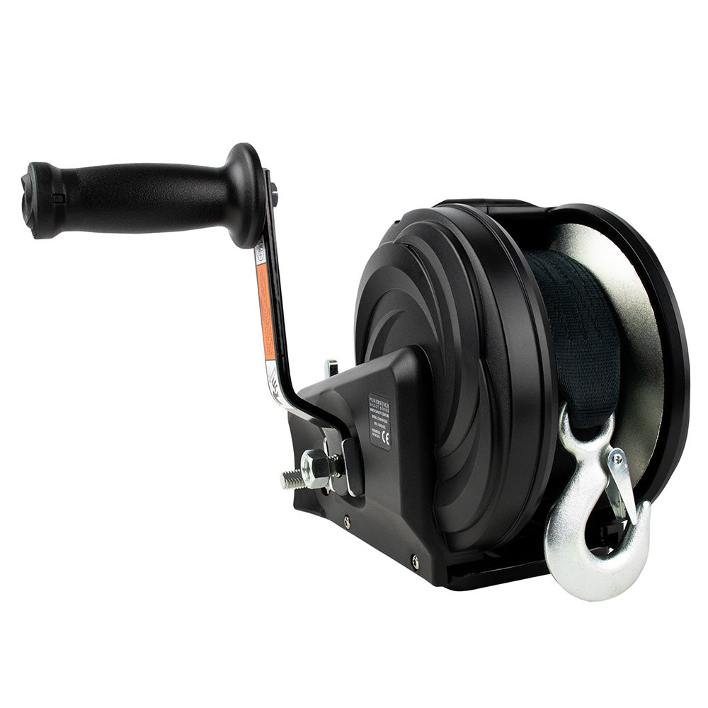 Powerwinch Select Series 2,000lb trailer winch with 2-speed operation and 6-inch crank arm in carbon black finish.