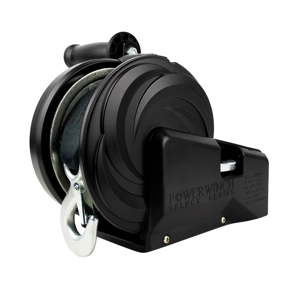 Powerwinch Select Series trailer winch with 2,500lb capacity, 2-speed operation, black finish, and 6-inch crank arm.