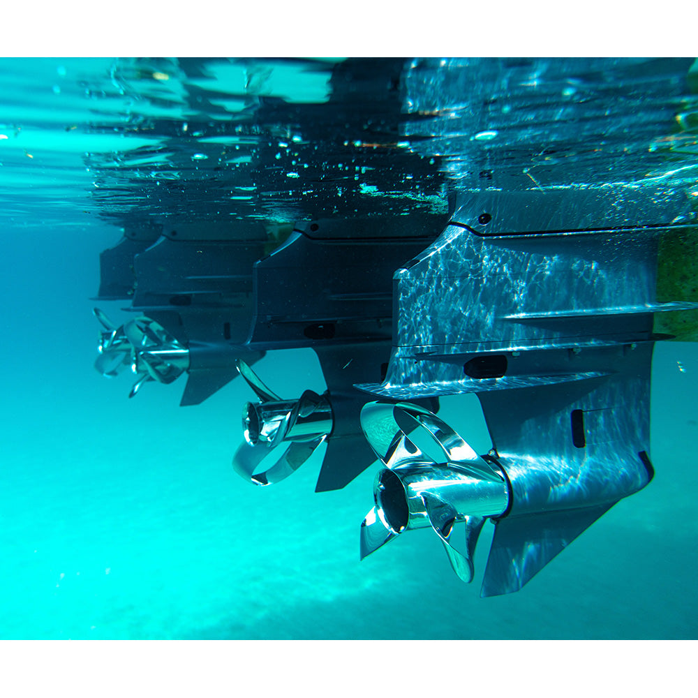 Sharrow Marine MX Series stainless steel propeller with four blades and polished finish for boat propulsion.