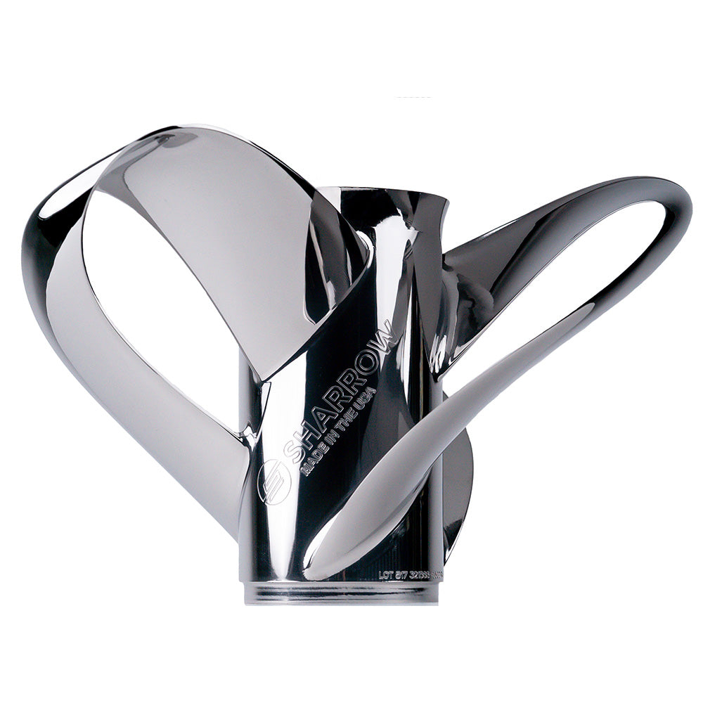 Stainless steel Sharrow Marine MX Series propeller with four blades, designed for boat propulsion, shown in the image.