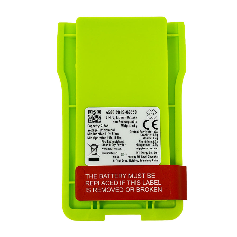 ACR LB15V Lithium Primary Battery by ACR Electronics, showing the compact battery with label and terminals.