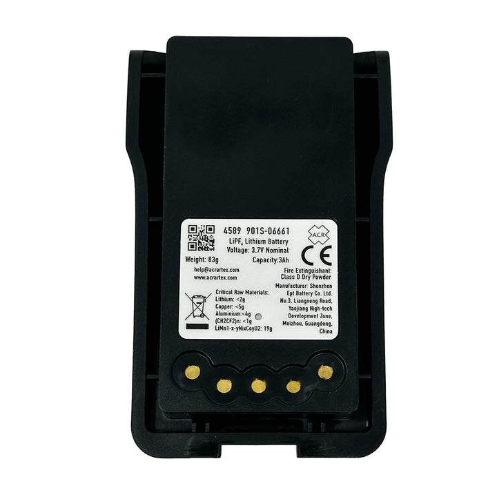 Rechargeable ACR RB16V lithium-ion battery for reliable power in emergency and marine communication devices.