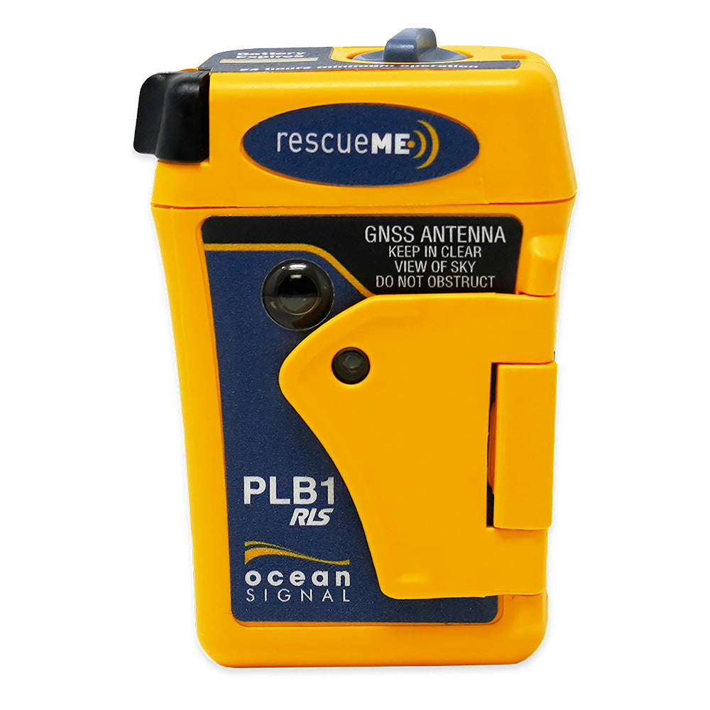 Ocean Signal rescueME PLB1 personal locator beacon showing compact design with antenna and control buttons for emergency use.