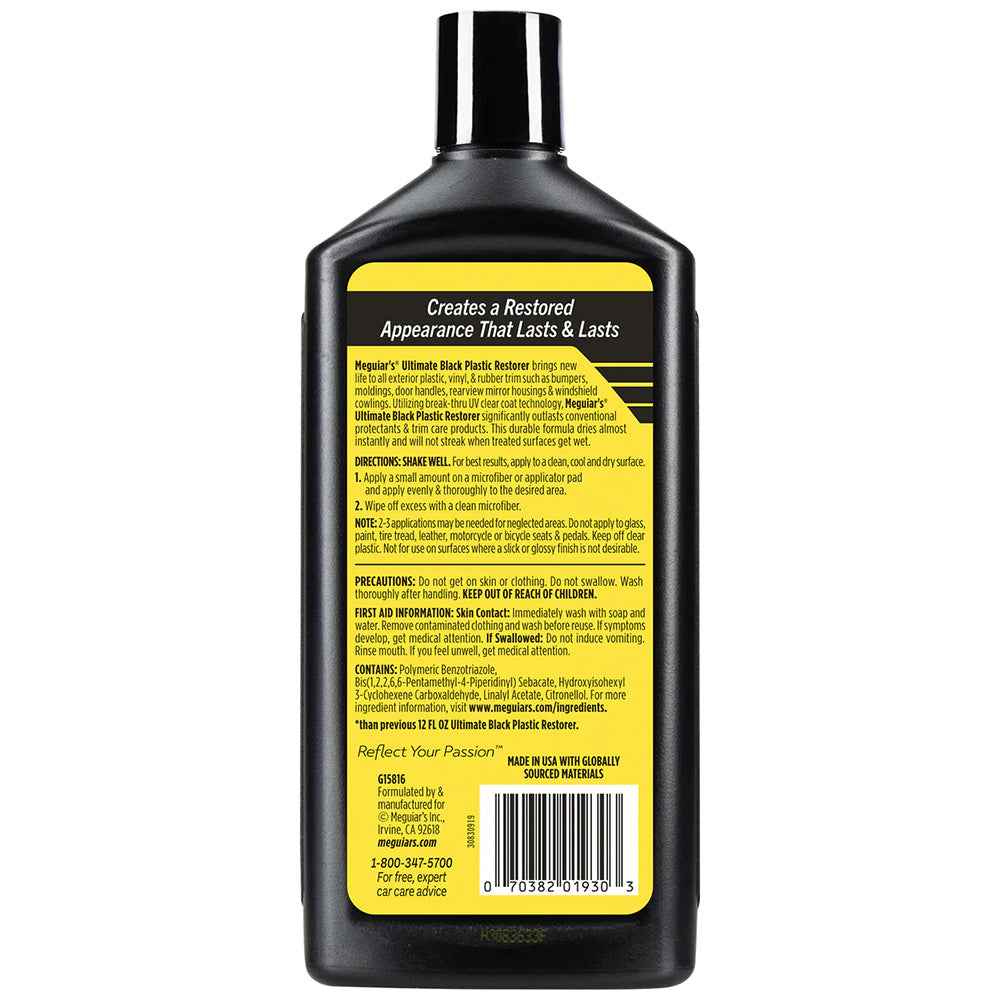 Meguiar's Ultimate Black Plastic Restorer bottle, 16oz, for cleaning and restoring black plastic surfaces on vehicles.