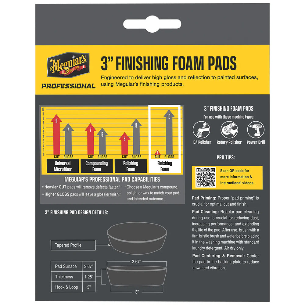Set of three Meguiar's Professional 3-inch finishing foam pads for car cleaning and polishing tasks.