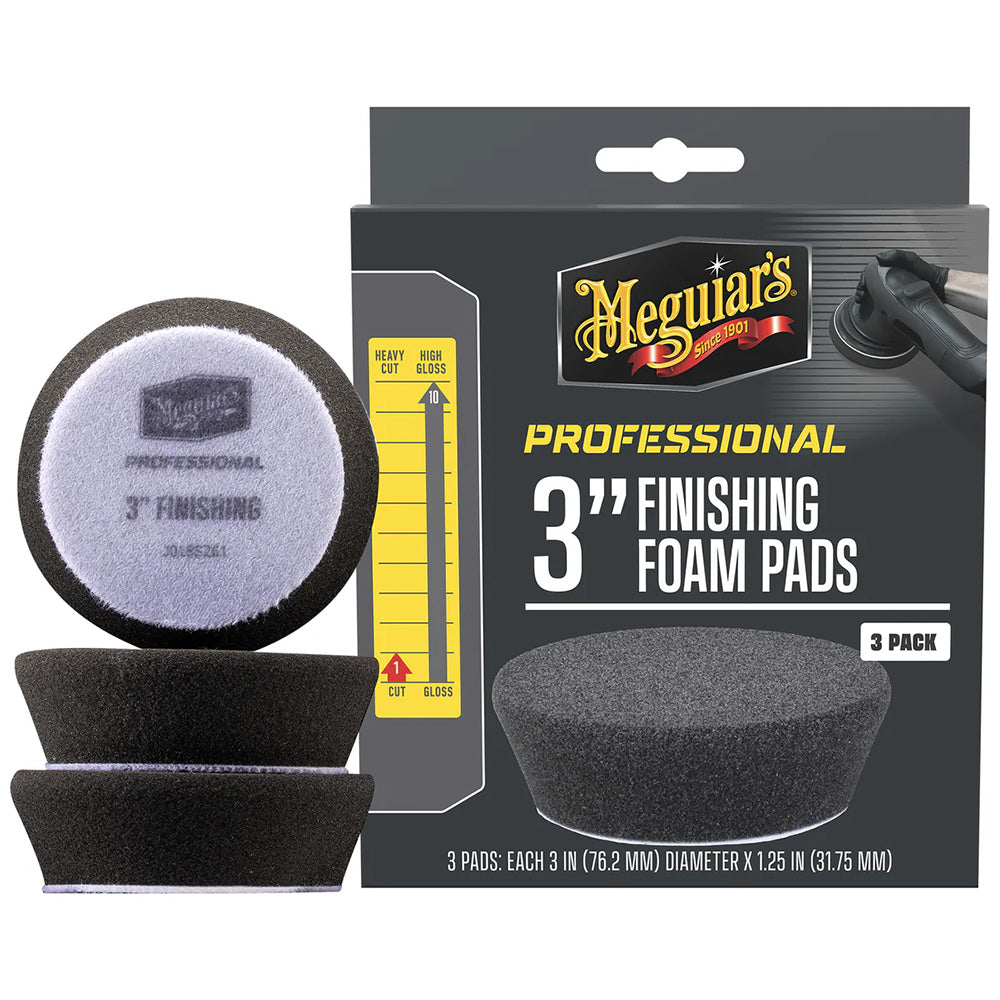 Set of three Meguiar's Professional 3-inch finishing foam pads for car cleaning and detailing.