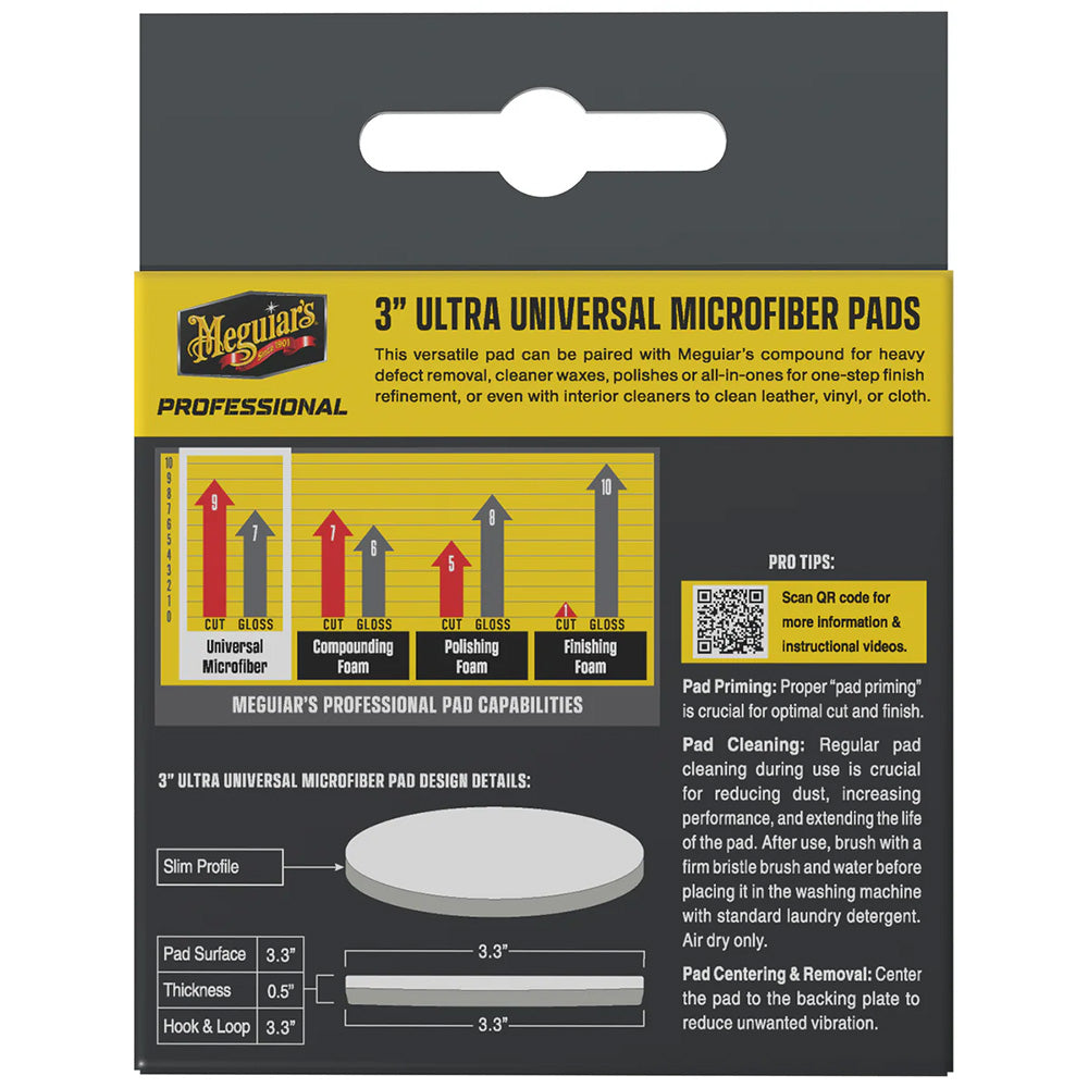 Meguiar's Professional 3-inch Ultra Universal Microfiber Pads for cleaning, shown in a 3-pack with soft microfiber surfaces.