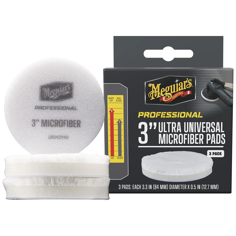 Set of three Meguiar's Professional 3-inch ultra universal microfiber pads for cleaning and polishing surfaces.