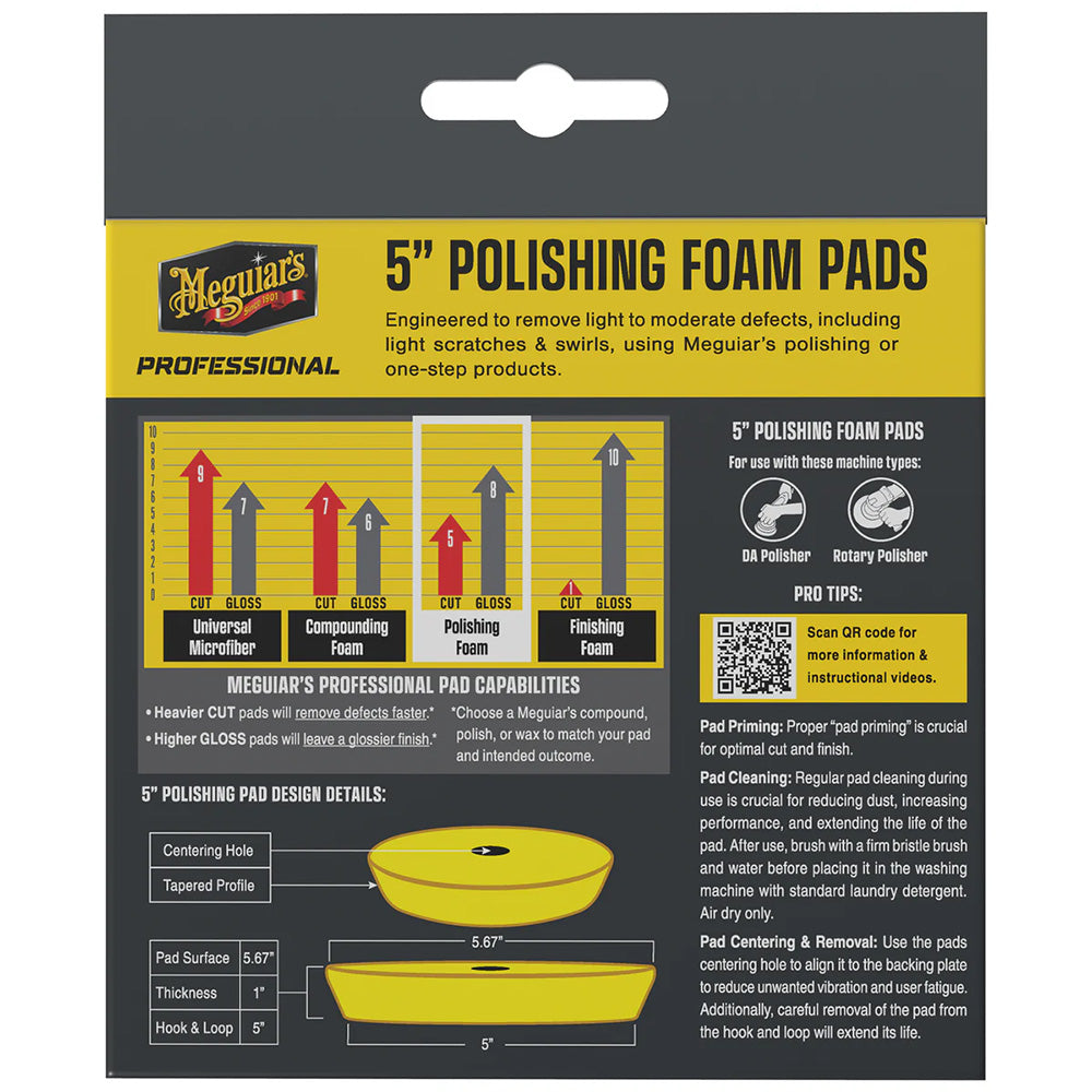 Meguiar's Professional 5-inch polishing foam pads, 2-pack, for car cleaning and polishing, shown in image 111720BXL.