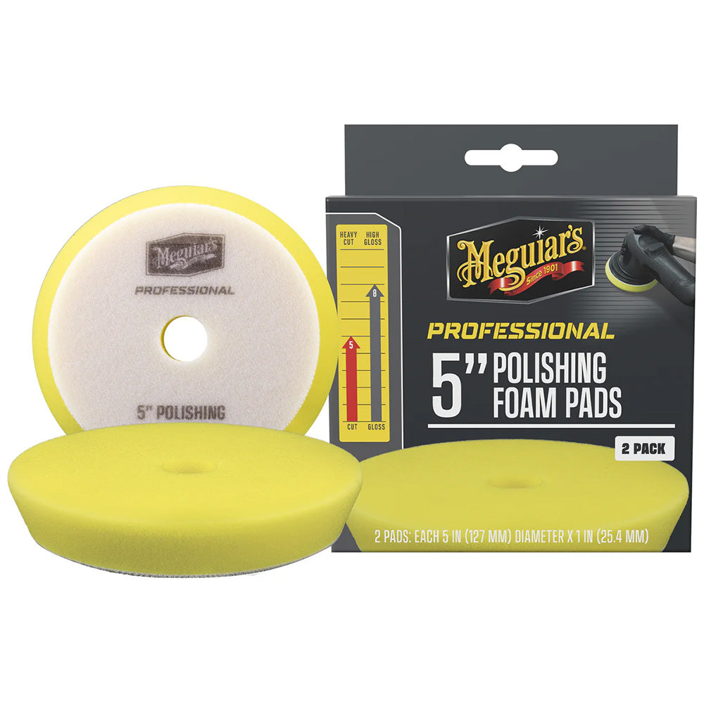 Two Meguiar's Professional 5-inch polishing foam pads for car cleaning and polishing, shown in a 2-pack.