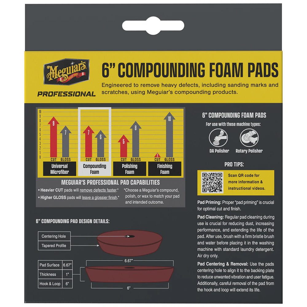 Two Meguiar's Professional 6-inch compounding foam pads for car cleaning, shown in a 2-pack for polishing and detailing.