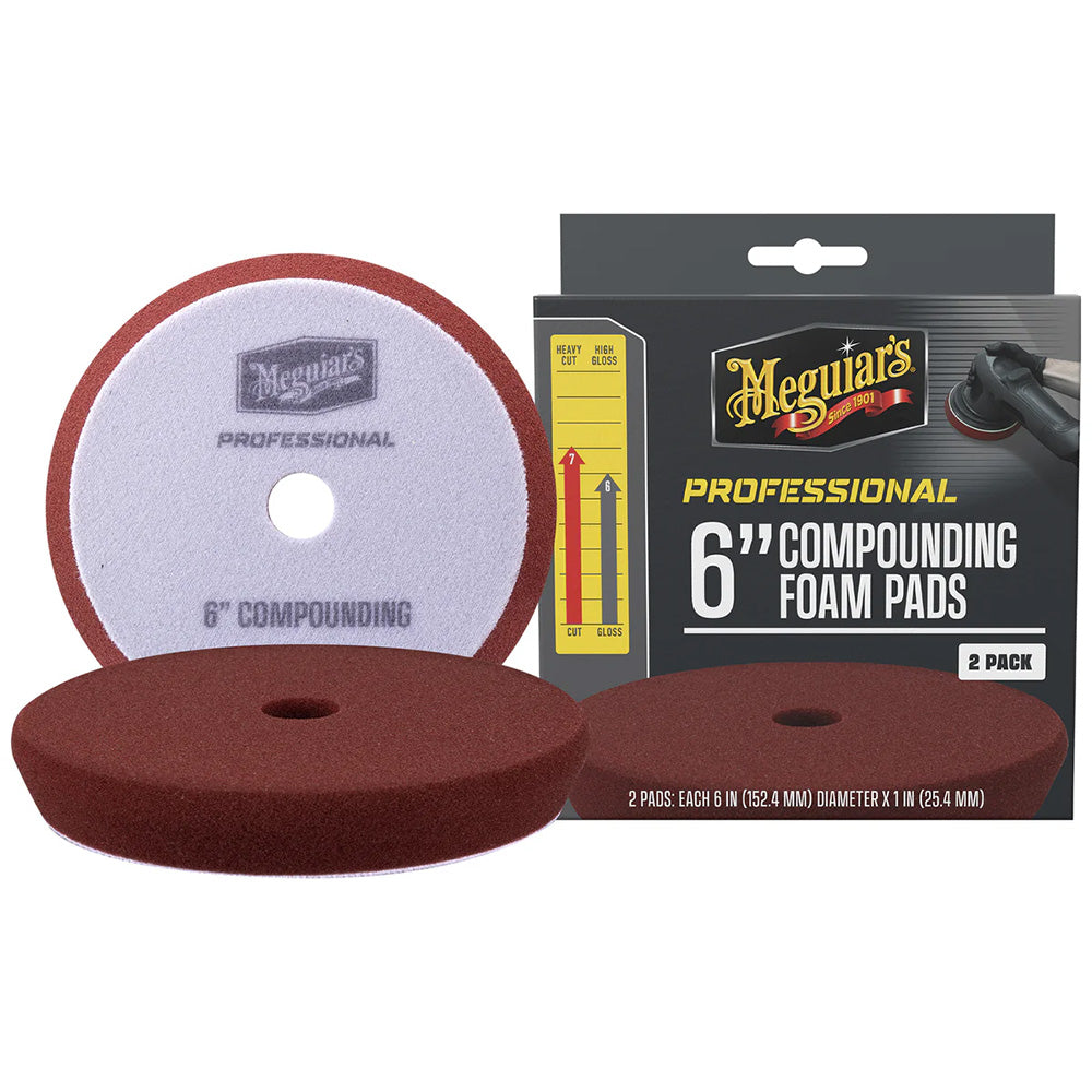 Pair of Meguiar's Professional 6-inch compounding foam pads for car polishing and cleaning, shown in a 2-pack.