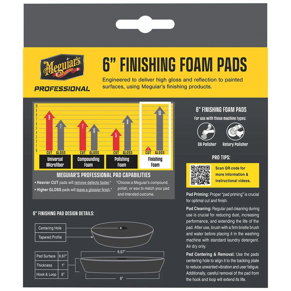 Two Meguiar's Professional 6-inch foam finishing pads for car cleaning and polishing, shown in a 2-pack.
