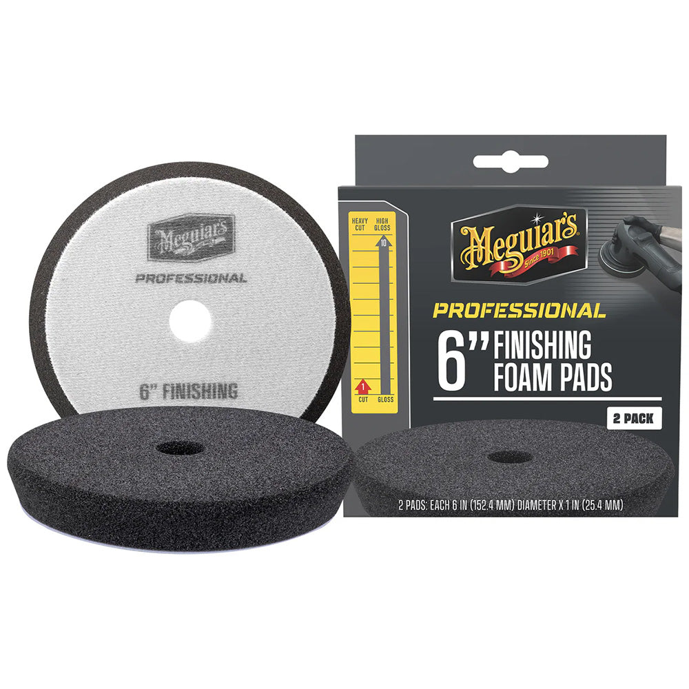 Two Meguiar's Professional 6-inch foam finishing pads for car cleaning and polishing, shown in a 2-pack.