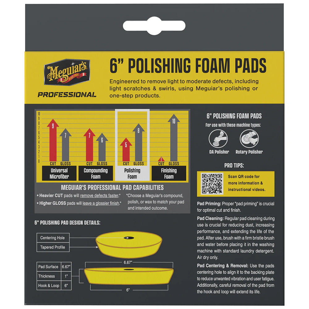 Pair of Meguiar's Professional 6-inch polishing foam pads for car cleaning and polishing tasks.