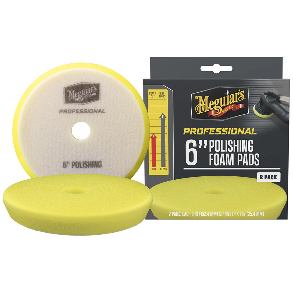 Two Meguiar's Professional 6-inch polishing foam pads for car cleaning and polishing, shown in close-up detail.