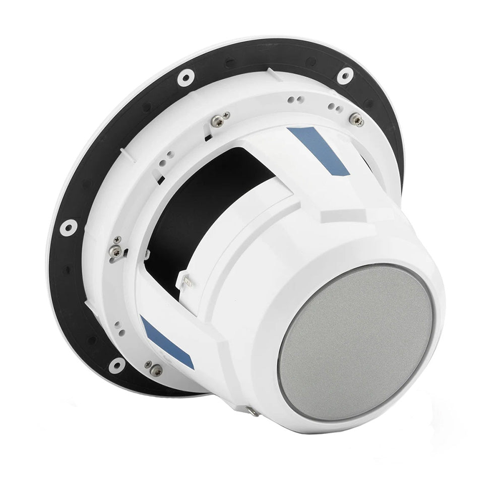 JL Audio M6 8-inch marine subwoofer with white luxe grille, designed for durable outdoor audio installations.
