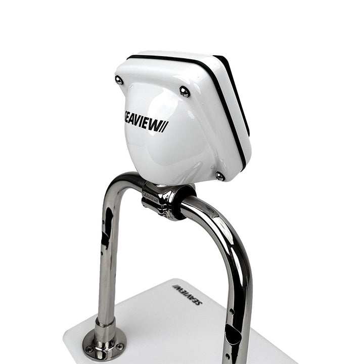 Seaview RailPod Uncut display mount with single base rail clamp, 11.125 inches wide by 8 inches high, for secure signage installation