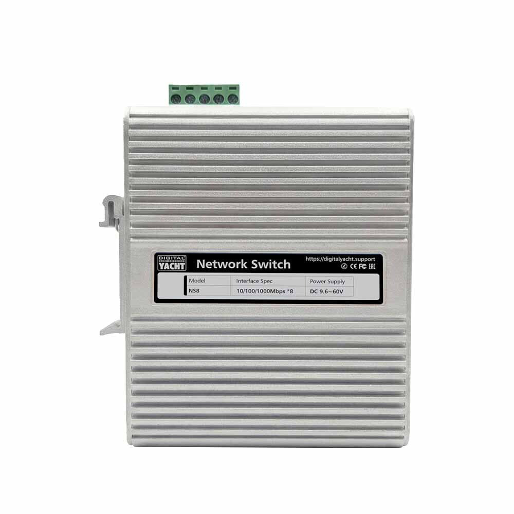 Digital Yacht NS8 8-port 1GB network switch showing Ethernet ports and LED indicators for reliable marine connectivity.