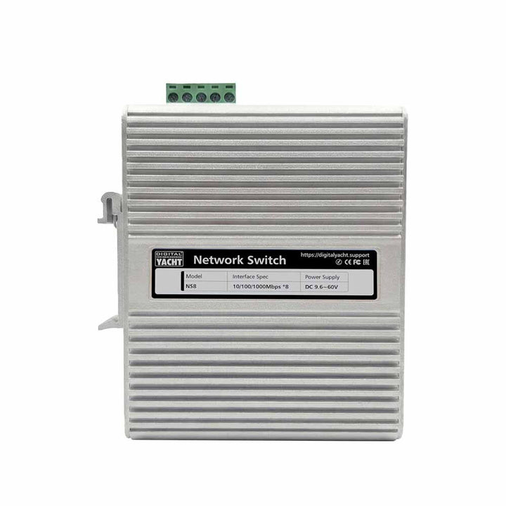 Digital Yacht NS8 8-port 1GB network switch showing Ethernet ports and LED indicators for reliable marine connectivity.