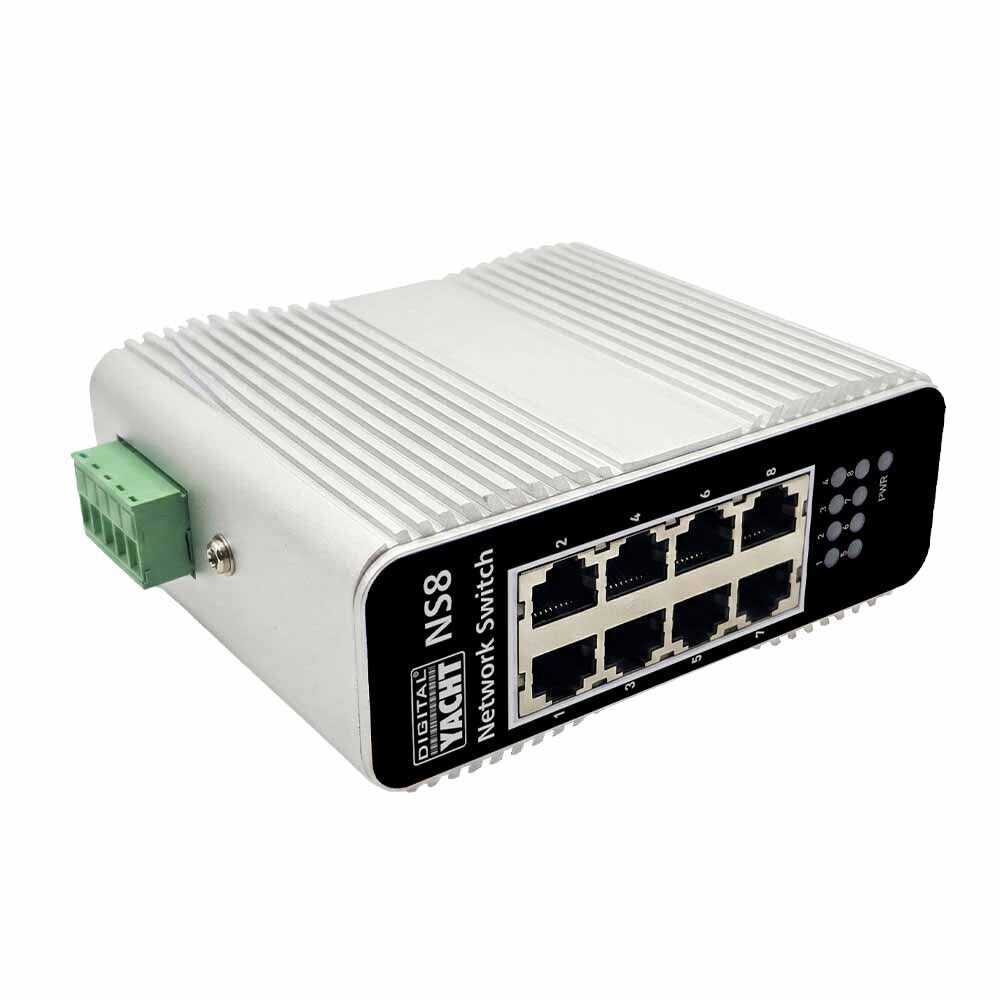 Digital Yacht NS8 8-port 1GB network switch showing ports and Ethernet connections, designed for marine and networking accessories.