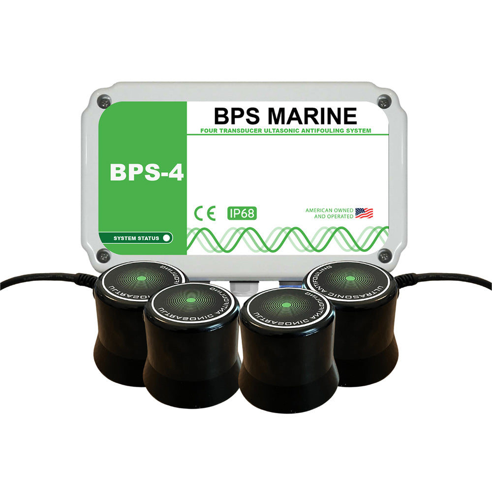 BPS Marine BPS-4 4-transducer ultrasonic antifouling system installed on a boat hull for marine biofouling prevention.