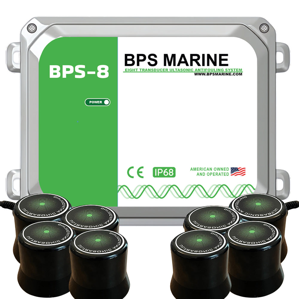 BPS Marine BPS-8 8-Transducer Ultrasonic Antifouling System on boat hull, 12VDC, designed to prevent marine fouling.