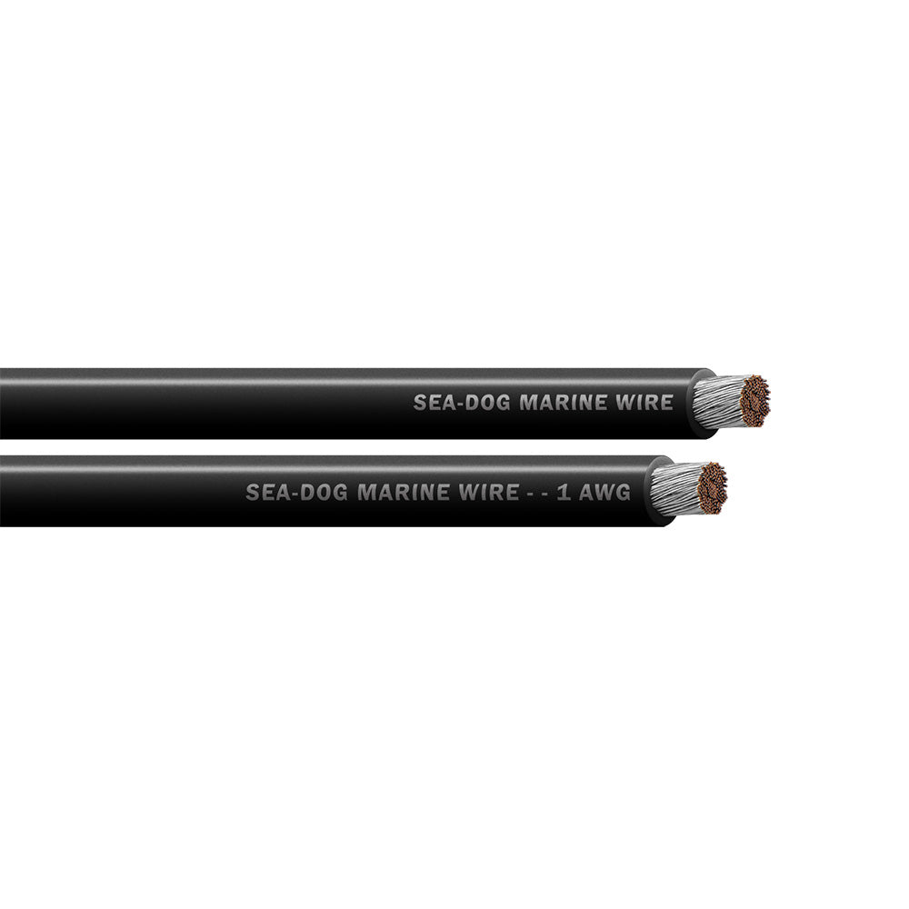 Sea-Dog 1 AWG black battery cable, 50-foot length, heavy-duty wire for marine and automotive electrical connections.