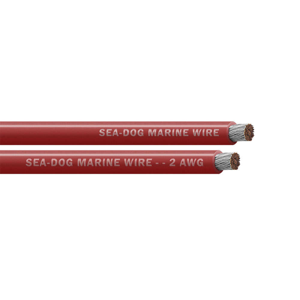 Sea-Dog 2 AWG red battery cable, 100-foot length, flexible wire for marine and automotive electrical connections.