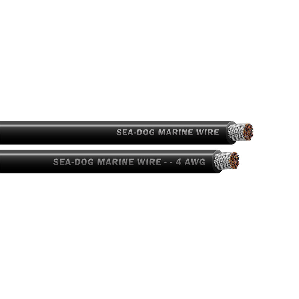 Sea-Dog 4 AWG black battery cable, 25-foot wire for marine and automotive electrical connections, durable and flexible.