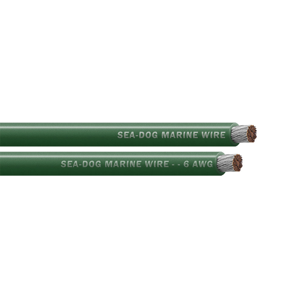 Sea-Dog 6 AWG green battery cable, 250-foot spool of heavy-duty wire for automotive and marine electrical applications.