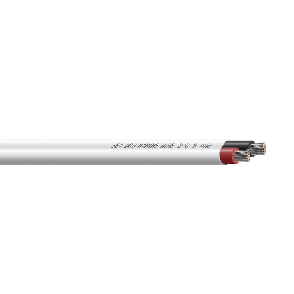 Sea-Dog 6/2 AWG flat duplex wire in red and black, 50-foot length, with insulated copper conductors for electrical applications.